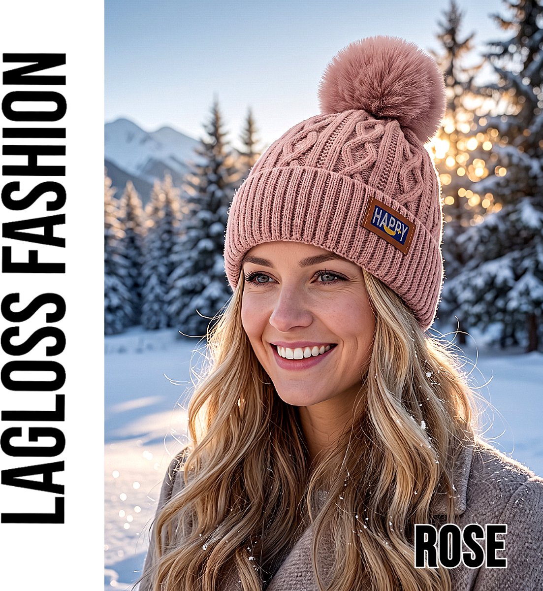 LaGloss® Wintermuts Roze – Gebreide Beanie met Nep Pompom & Happy Patch – Warme Skimuts voor Dames