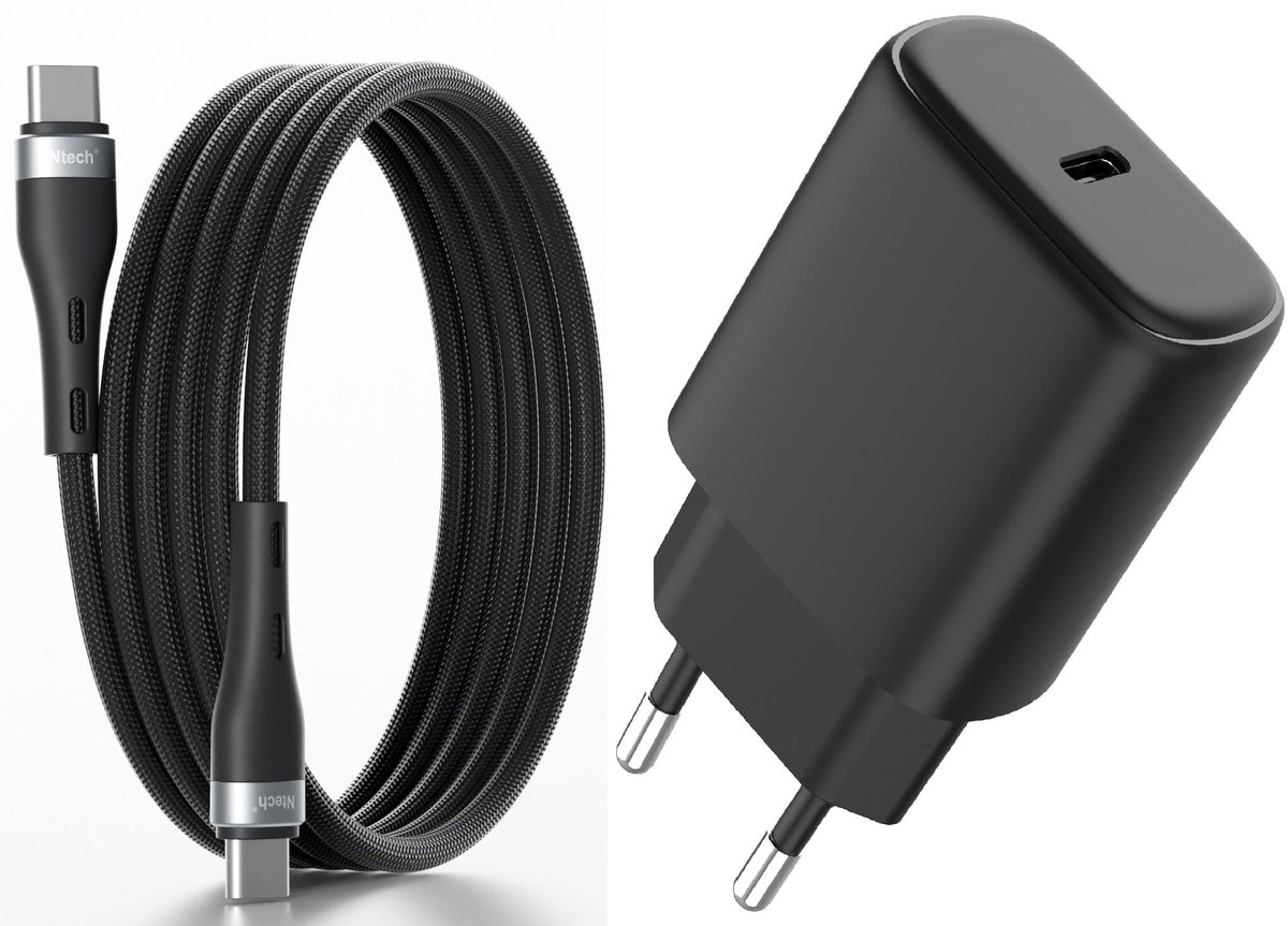 USB C Adapter 25W met USB C Kabel – Ntech Snellader voor Samsung 26/S25/S24/57/A56/A37/A36/A27/A26/A17/A16 & iPhone 17 Pro/16/15