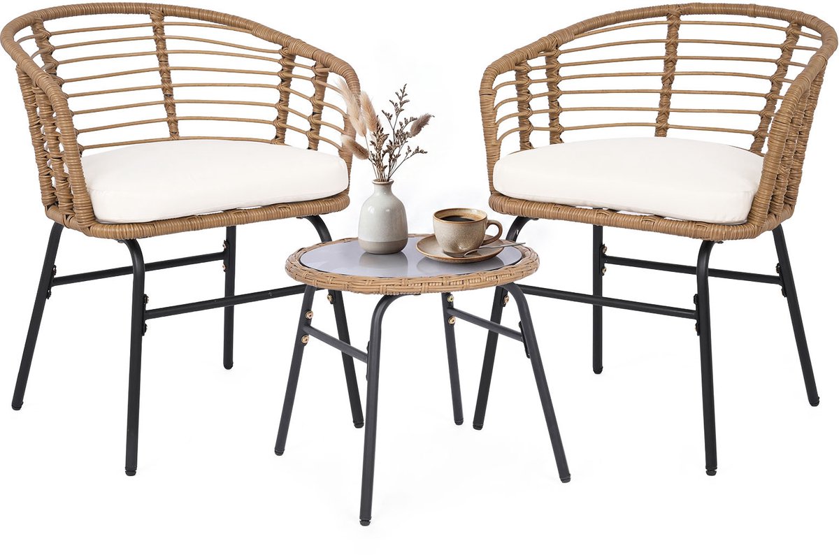 SureDeal® - Tuinset - 3-delig Rattan Tuinmeubel - Personen Balkonmeubels - Glastafel - Ergonomische - 57x59x73 cm - Wit