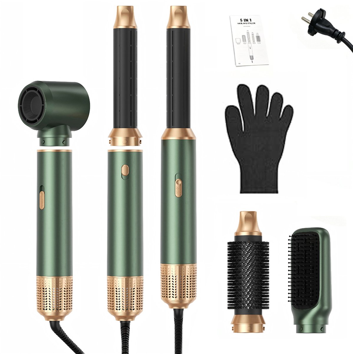 5-in-1 föhnkam - Multifunctionele styler - Warmeluchtkam met lage snelheid - Automatische krultang - Föhn en styler - 1000W - 220-240V - Inclusief hittebestendige handschoenen - Groen