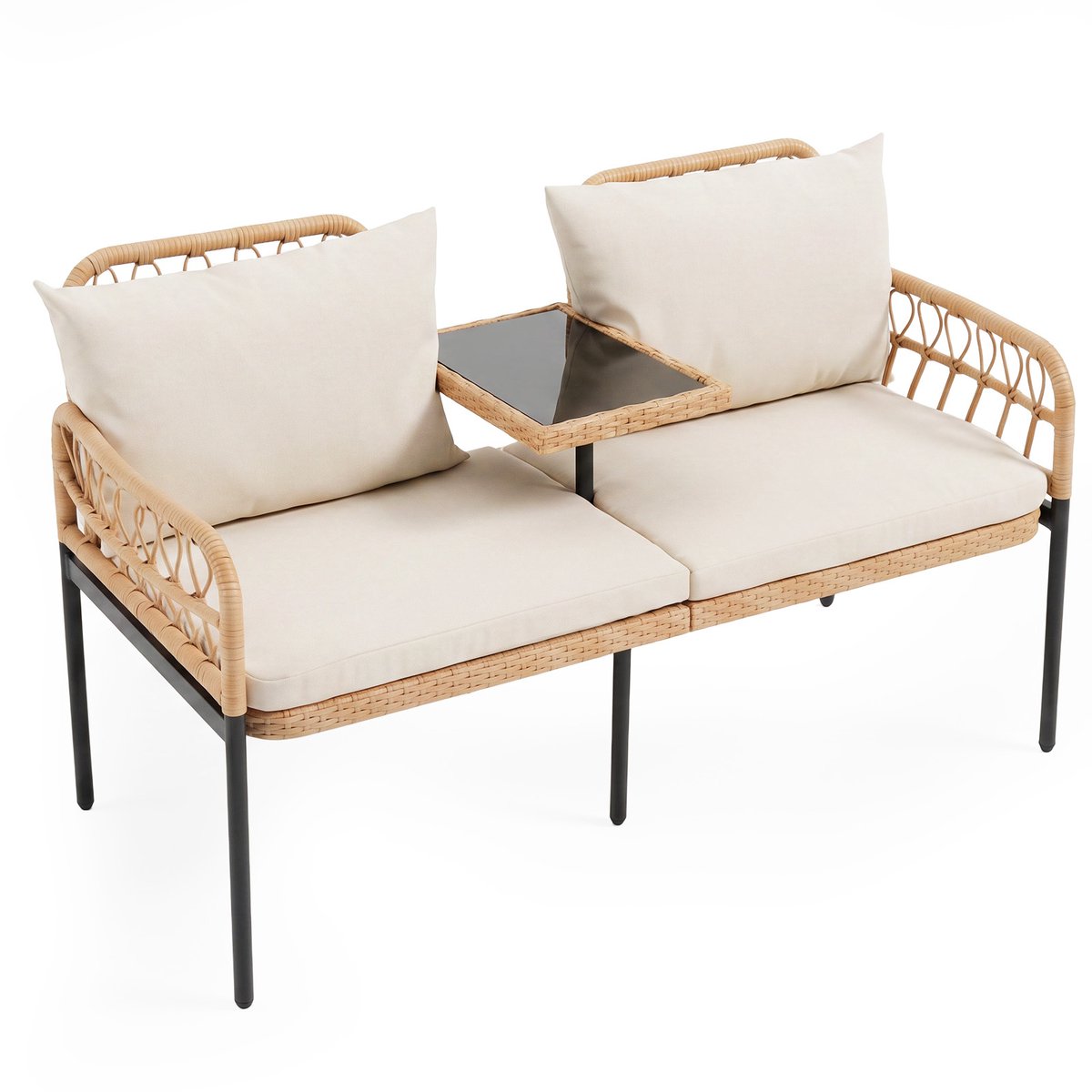 SureDeal® - Tuinset - Tuinbank Polyrattan - Kussen 2-zits Balkonbank - Hardglazen Tafel Zitbank - 137x64x84 cm - Beige