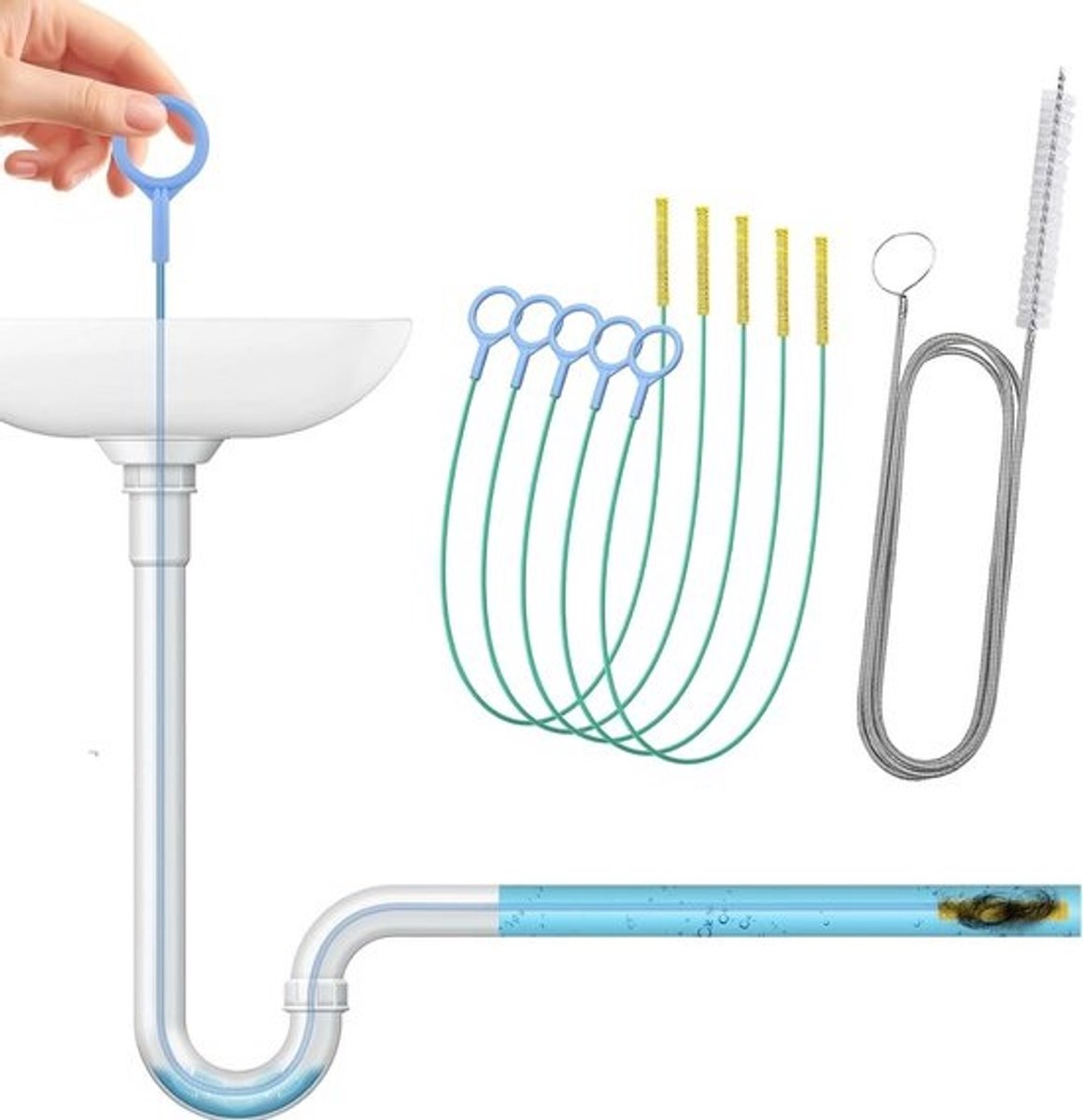 Afvoerontstopper set - 5 flexibele fretten en 1 koelkast gereedschap, herbruikbaar en geschikt voor keuken en badkamer
