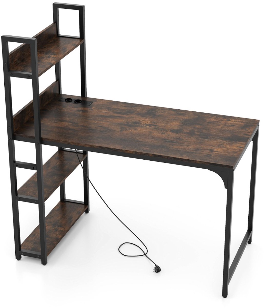 SureDeal® - Bureau - Computerbureau - Stekkerdoos - Boekenkast Stopcontacten - Metalen Werktafel - Thuiskantoor - 120x65x130 cm - Koffiebruin