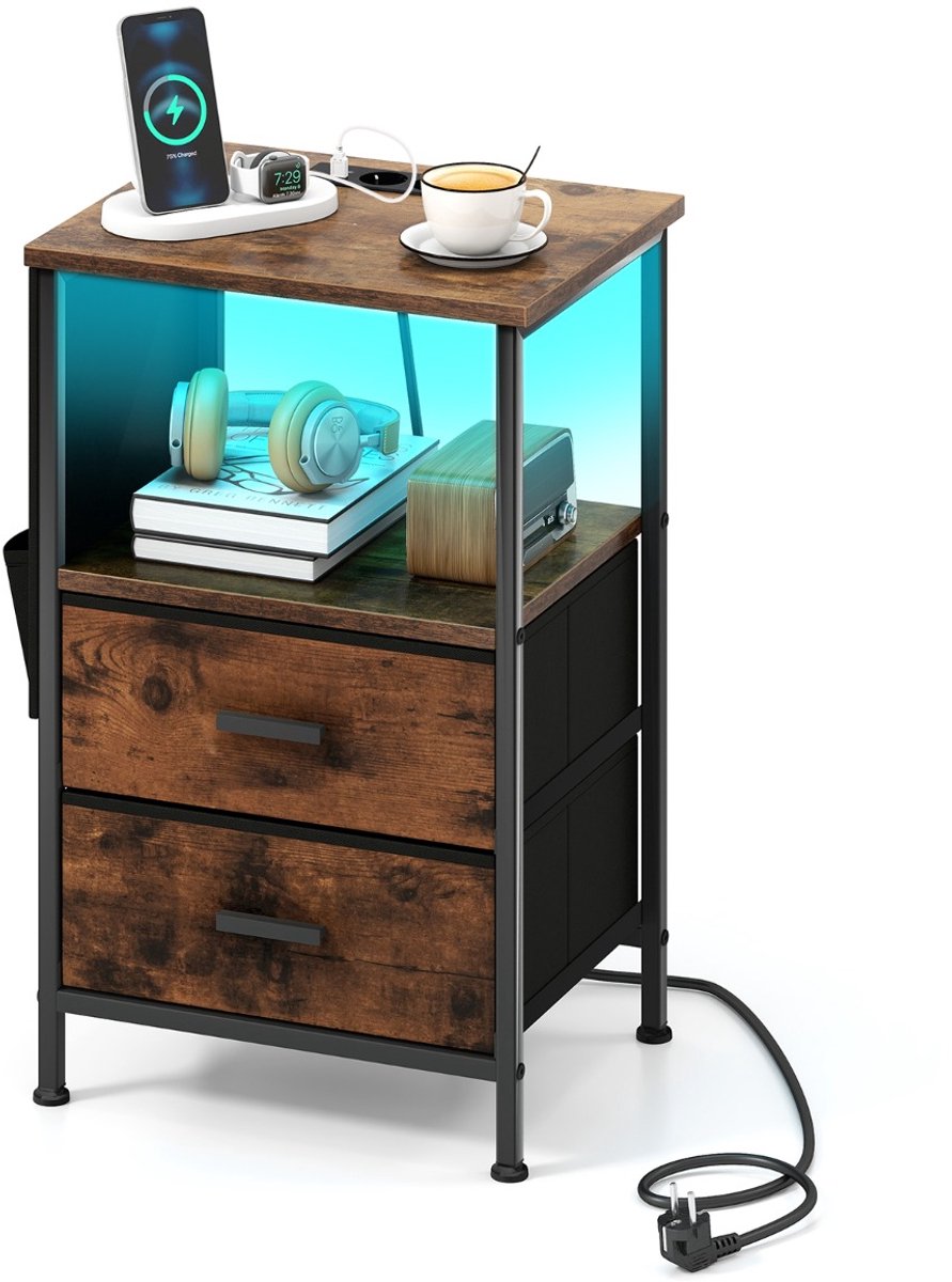 SureDeal® - Nachtkastje - 2-delige Bijzettafel - Oplaadstation Nachttafel - Opvouwbare Stoffen Lades - 38x30x60 cm - Koffiebruin