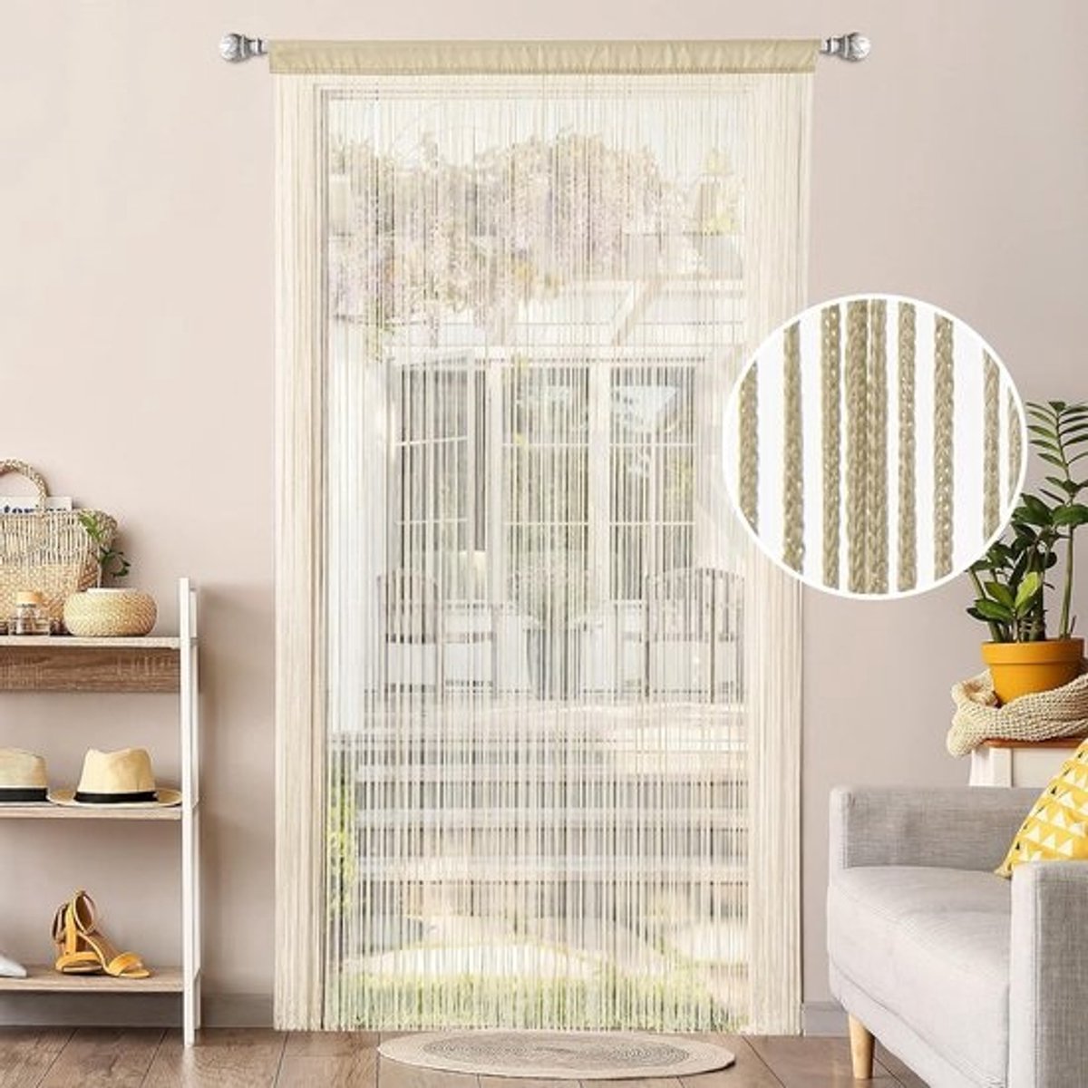 Draadgordijn voor balkon en deuren, muggennet en ruimteverdeler - 90 cm x 200 cm, beige