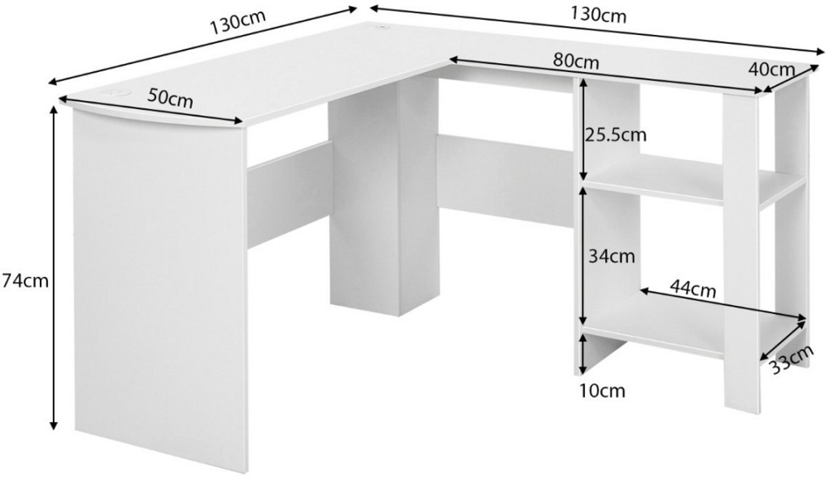 SureDeal® - Bureau - Vorm Hoekbureau - Kabellaten - Opbergvakken Hoektafel Computertafel - Thuis Kantoor - 130x130x74 cm - Wit
