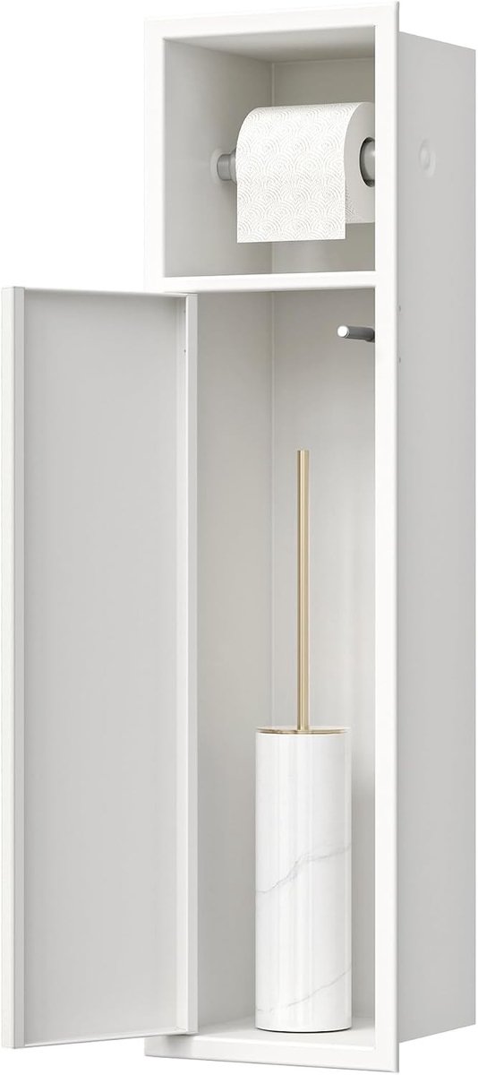 Ingebouwde Toiletpapierhouder van RVS met Deurtje voor Toiletborstelset en Papieropslag, 63x15x15cm, Wit, Ruimtebesparend en Modern Ontwerp