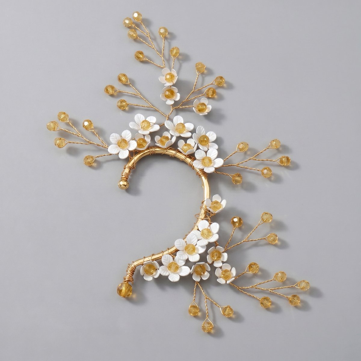 Elfen Oor Cuff, Handgemaakte Bloem Blad Oorversiering, Zonder piercing oorhaak voor bruiloft en fotoshoot，Gouden kristallen trouwoorbelhaakjes