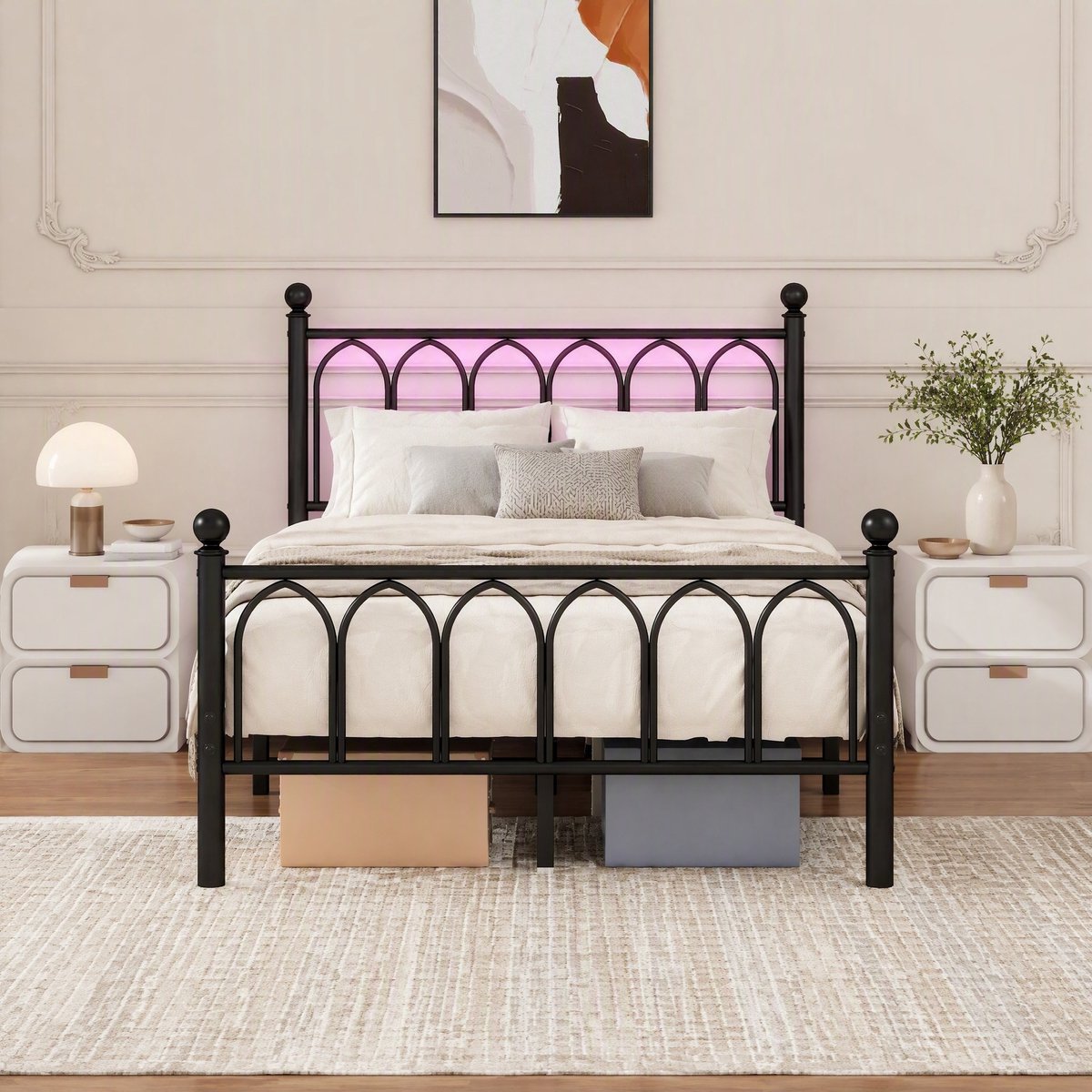 Metalen Bedframe 120 x 200 cm - LED Verlichting en USB-Oplaadstation - Zwart - Met Hoofdbord En Voetbord