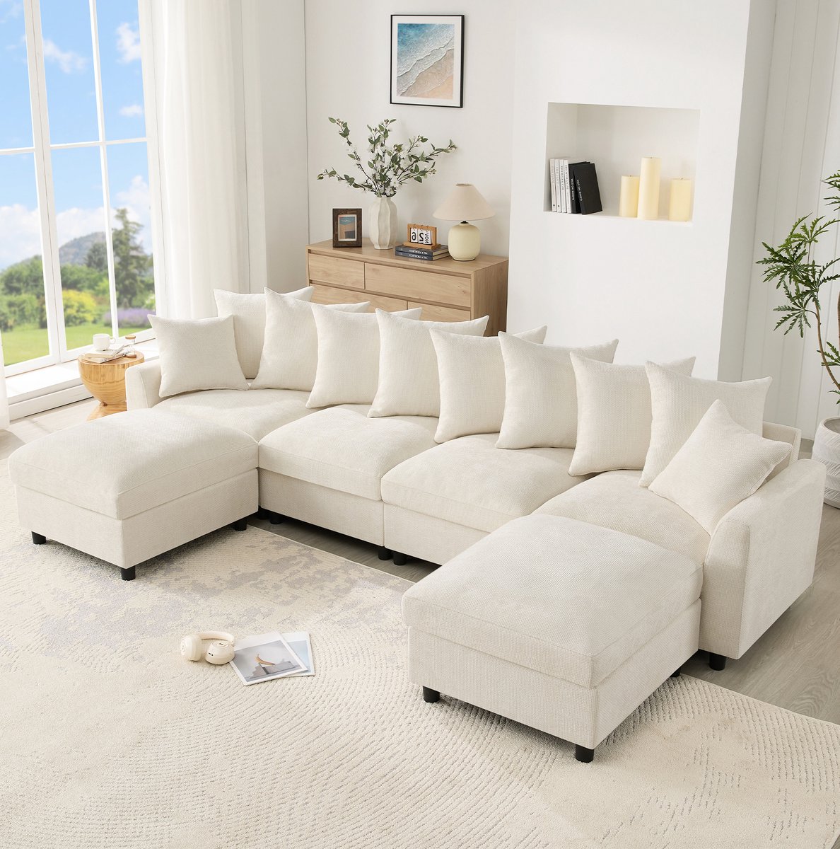 MODENUIT U-bank 283 cm - Modulaire Hoekbank Met USB En Type C - Woonkamer - Chenille - Beige