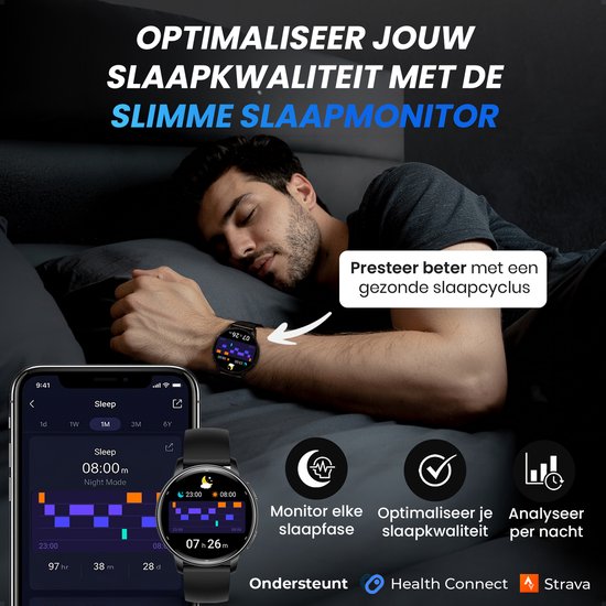 Man slaapt met smartwatch om die slaapkwaliteit monitort. Telefoon toont slaapgrafieken.