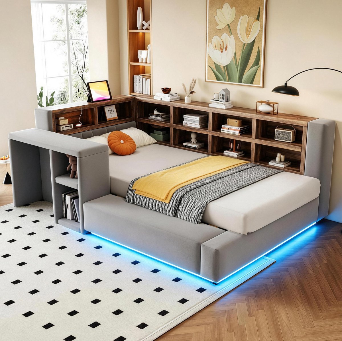 MODENUIT Bed - 90 x 200 cm - Met Opbergruimte, LED En Stopcontacten - Voor Slaapkamer - Stof - Donkergrijs