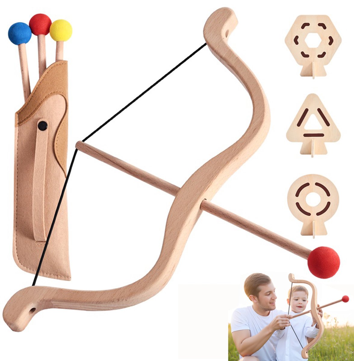 Houten boog‑en‑pijlspeelgoed voor kinderen | Complete boogschietset met 3 pijlen, 3 doelen en pijlkoker | Voor jongens en meisjes vanaf 4 jaar, geschikt voor links‑ en rechtshandigen