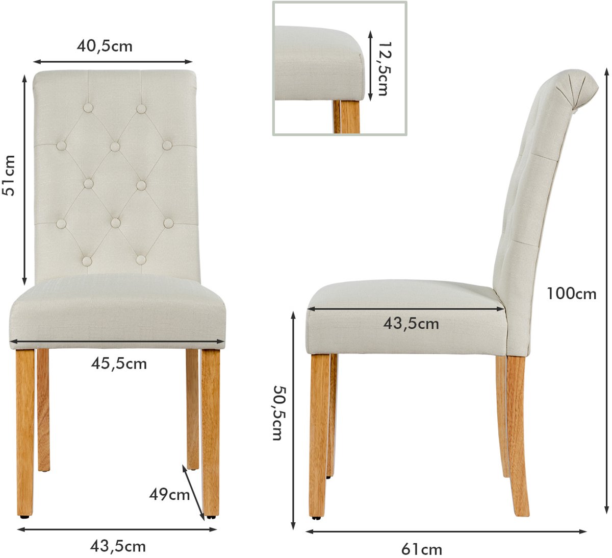 SureDeal® - Eettafel - 2-delige Knoopgestoffeerde Eetkamerstoelen - Rubberhout Poten Beige - 62x47x98 cm - Beige