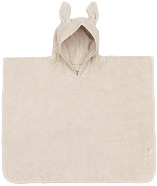 Poncho de bain beige clair avec capuche à oreilles de lapin, fermeture éclair sur le devant.