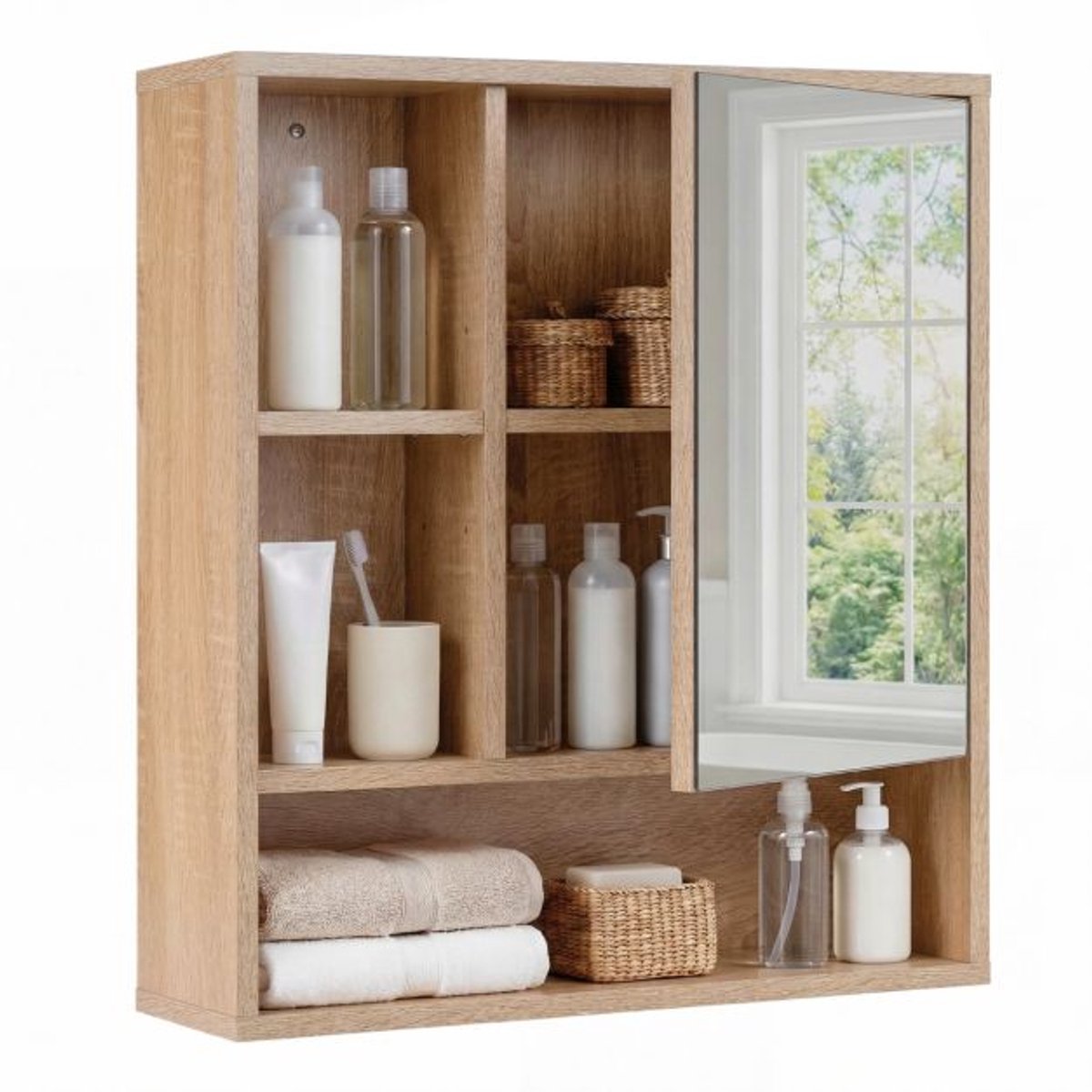 SureDeal® - Hangkast - Badkamermeubel - Spiegel Voorzien Spiegel - Legplanken - 55x16x61 cm - Naturel
