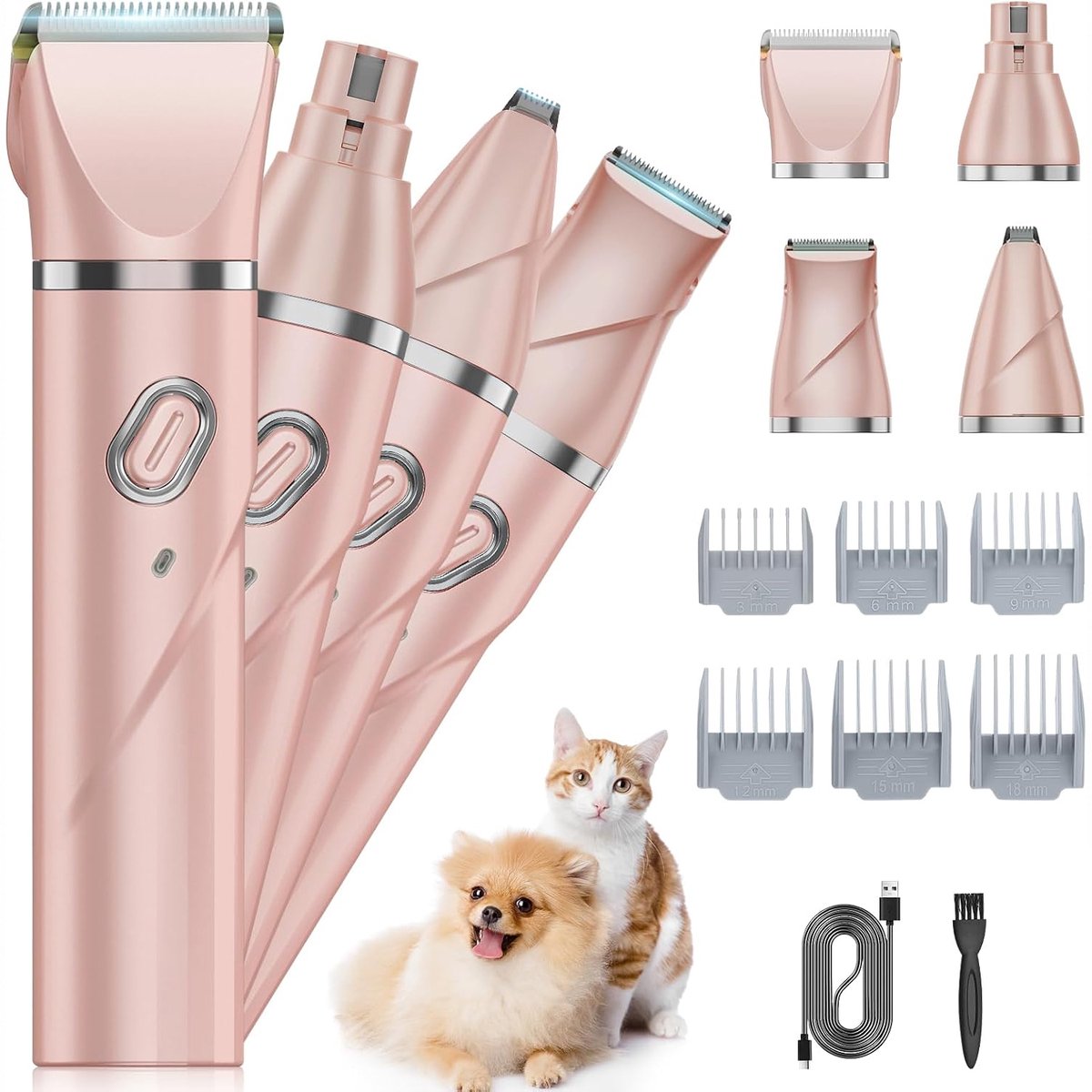 Trimgereedschap voor huisdieren - 4-in-1 stil - knippen en slijpen - voor vacht- en nagelverzorging - draadloze trimmer - voor kleine huisdieren met dikke vacht - roze - 1 set