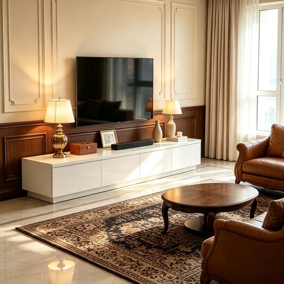 TV-meubel 160 cm parelwit middeleeuws staand entertainmentcentrum met ruime opbergruimte om apparatuur en accessoires netjes op te bergen geschikt voor tv tot 65 inch woonkamer slaapkamer