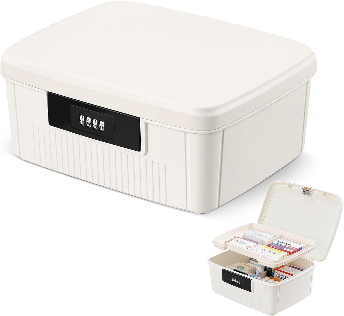 Afsluitbare medicijnbox met cijferslot - Opbergdoos met cijferslot - Waterdichte medicijndoos - met uitneembaar bakje - 9 liter - Geschikt voor thuis, kantoor en op reis - 26 x 22 x 12 cm - Wit