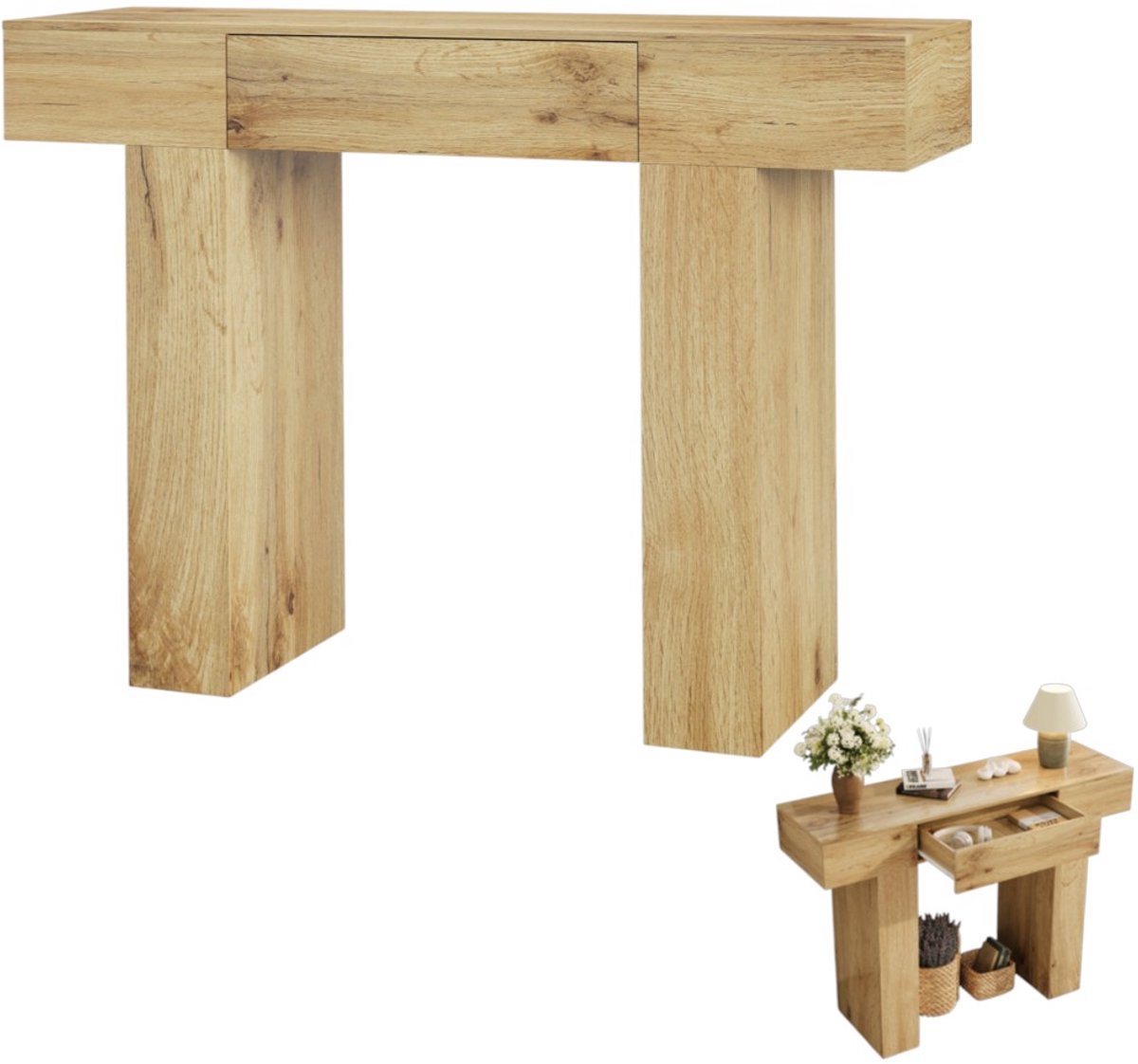Smalle haltafel - houten bijzettafel - rechthoekig blad van massief hout/MDF - met lades en opbergvakken - geschikt voor hal/gang/woonkamer - natuurlijke houtkleur 120 cm