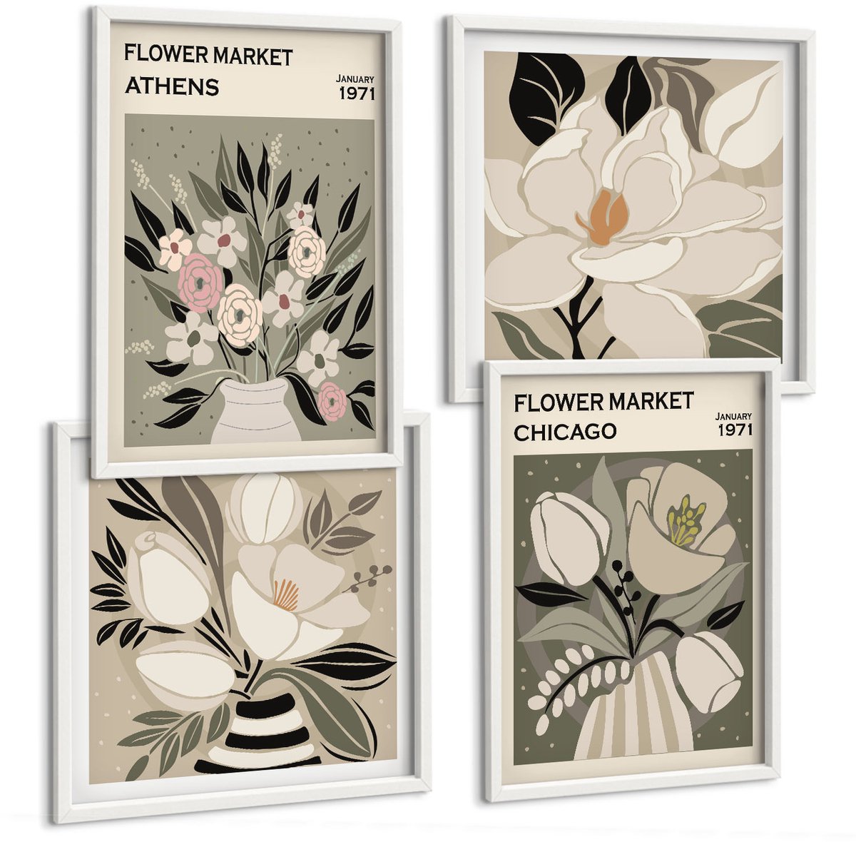 Wallfluent 4-Delige Schilderij Set - Bloemstukken Uit Verschillende Steden In Retrostijl - 40 x 40 En 40 x 60 - Decoratieve Muurdecoratie - Slaapkamer - Moderne Wanddecoratie