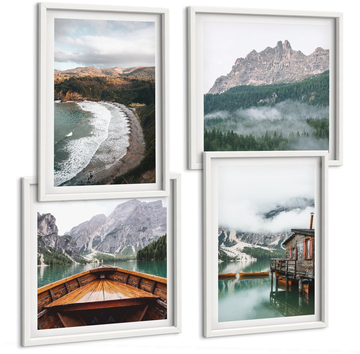 Wallfluent 4-Delige Schilderij Set - Berglandschap Met Een Strand, Een Houten Huis En Een Boot. - 40 x 40 En 40 x 60 - Muurdecoratie - Schilderijen Set - Woonkamer - Decoratieve Schilderijen