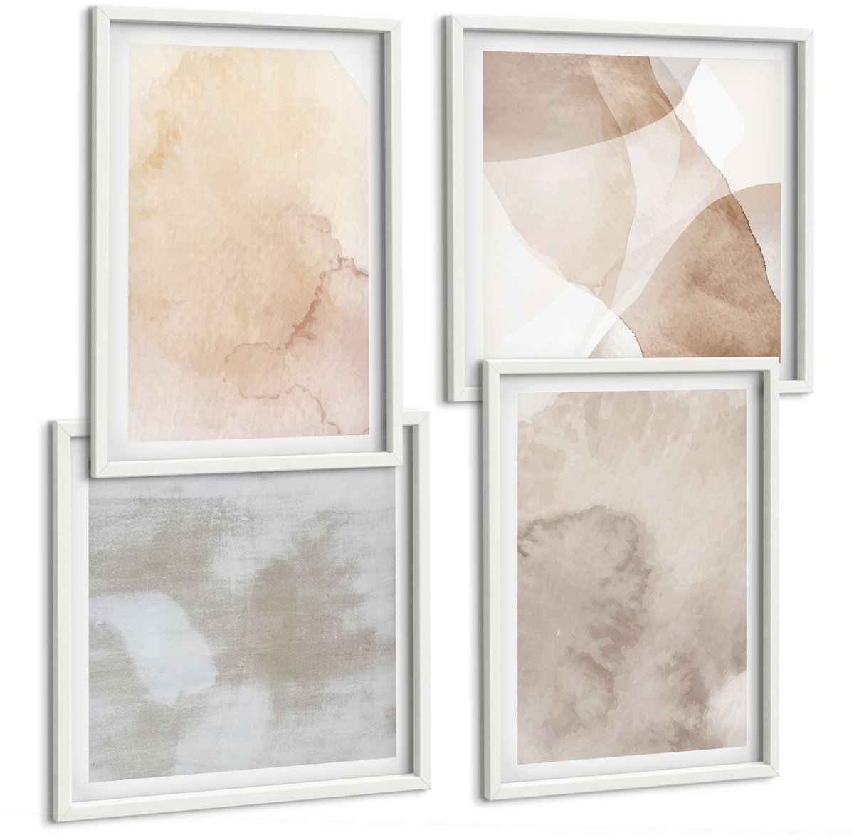 Wallfluent 4-Delige Schilderij Set - Warme Aquarelverf Op Canvas, Pasteltexturen - 40 x 40 En 40 x 60 - Muurdecoratie - Schilderijen Set - Woonkamer - Wanddecoratie