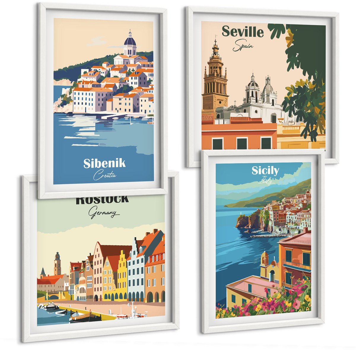 Wallfluent 4-Delige Schilderij Set - Europese Stadsgezichten Met Kleurrijke Gebouwen - 40 x 40 En 40 x 60 - Wanddecoratie - Muurdecoratie - Woonkamer - Moderne Wanddecoratie