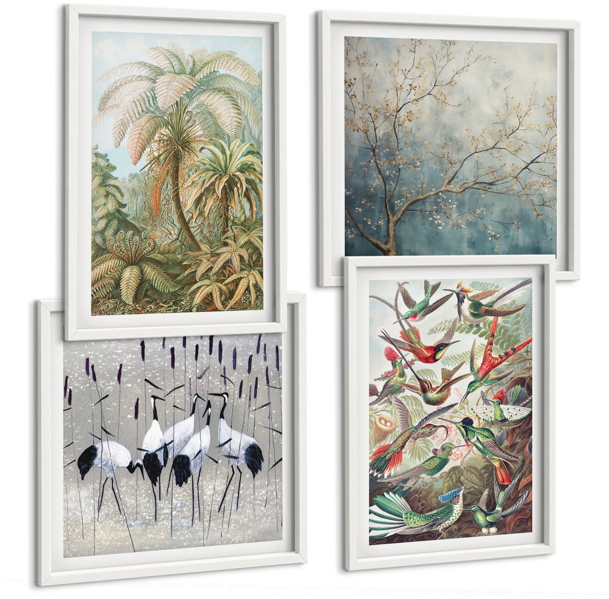 Wallfluent 4-Delige Schilderij Set - Tropische Planten En Kleurrijke Vogels In De Natuur - 40 x 40 En 40 x 60 - Schilderijen Set - Wanddecoratie - Woonkamer - Interieur Decoratie