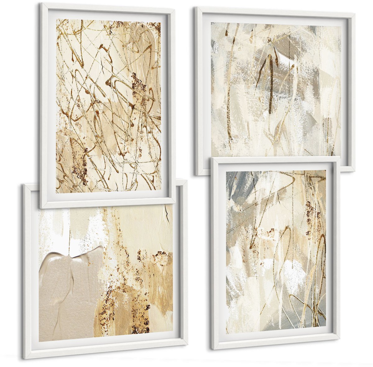 Wallfluent 4-Delige Schilderij Set - Beige Abstracte Geschilderde Vormen En Lijnen - 40 x 40 En 40 x 60 - Wanddecoratie - Muurdecoratie - Woonkamer - Moderne Wanddecoratie
