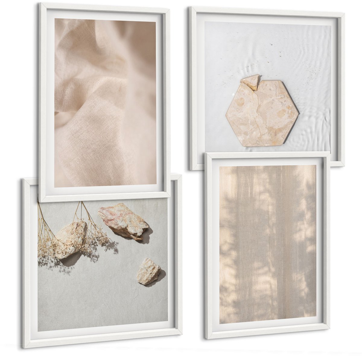 Wallfluent 4-Delige Schilderij Set - Subtiele Texturen In Een Natuurlijke Boho-Stijl - 40 x 40 En 40 x 60 - Wanddecoratie - Woonkamer Decoratie