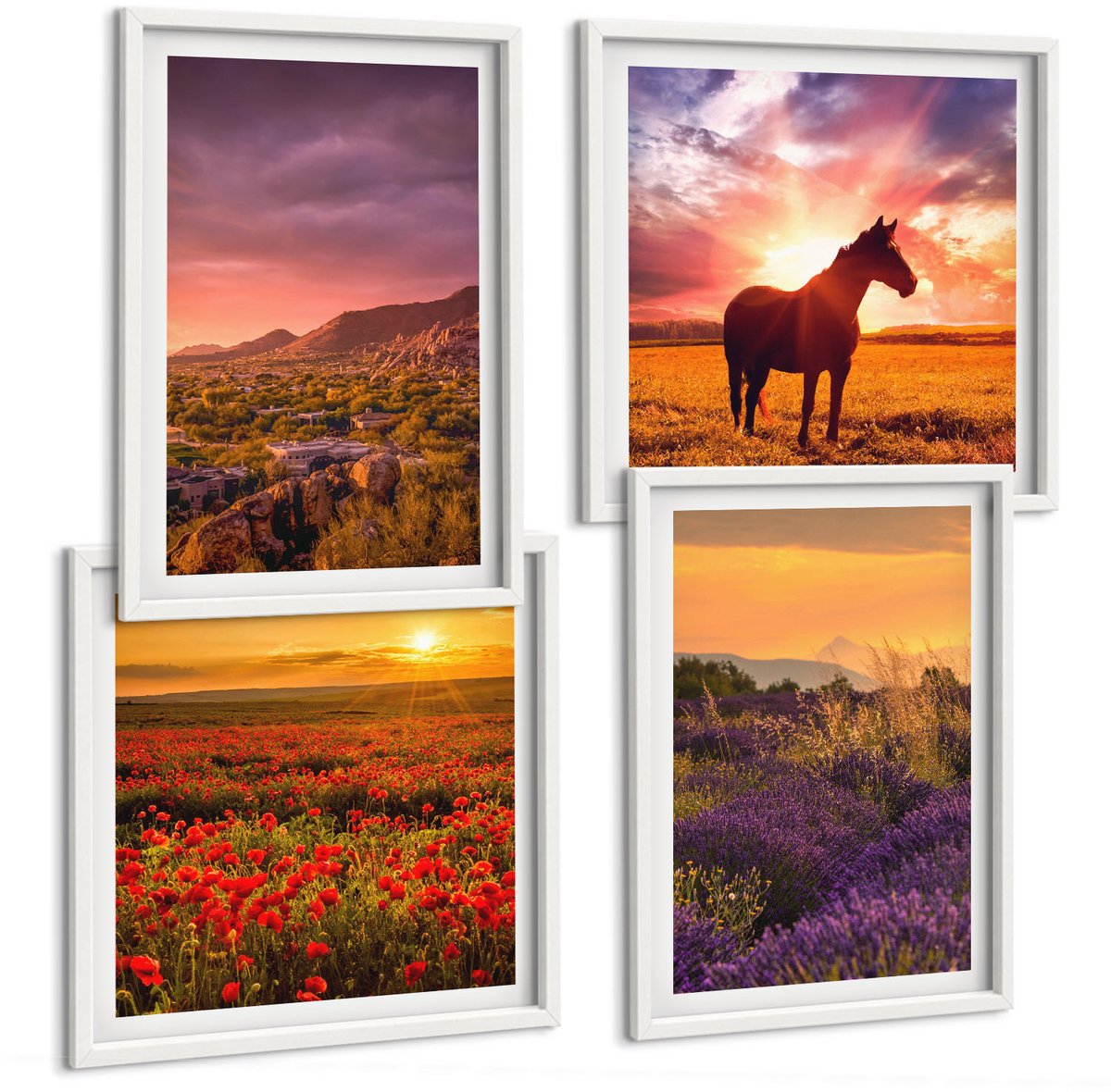 Wallfluent 4-Delige Schilderij Set - Berglandschappen Met Paarden En Lavendelvelden - 40 x 40 En 40 x 60 - Wanddecoratie - Muurdecoratie - Moderne Interieurdecoratie - Stijlvolle Muurdecoratie