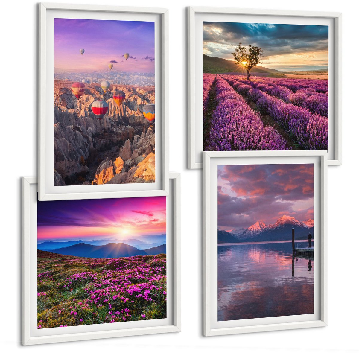 Wallfluent 4-Delige Schilderij Set - Landschap Met Lavendelvelden En Zonsondergang - 40 x 40 En 40 x 60 - Wanddecoratie - Schilderijen Set - Interieur - Moderne Wanddecoratie