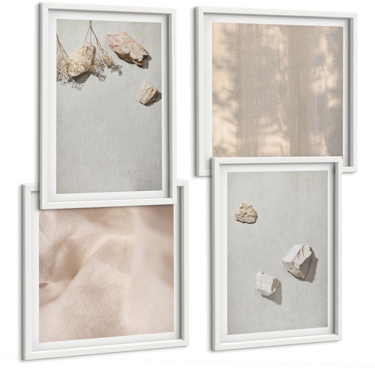 Wallfluent 4-Delige Schilderij Set - Boho Strandstenen Minimalistische Decoraties - 40 x 40 En 40 x 60 - Muurdecoratie - Interieur Decoratie - Moderne Wanddecoratie