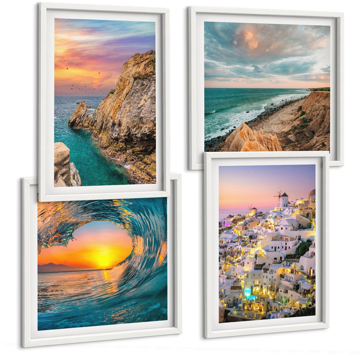 Wallfluent 4-Delige Schilderij Set - Uitzicht Op De Zee, De Golven En De Witte Huizen Op Santorini, Griekenland - 40 x 40 En 40 x 60 - Muurdecoratie - Interieur Decoratie