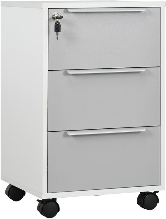 Witte archiefkast met 3 grijze lades, slot, sleutel en 4 zwenkwielen.