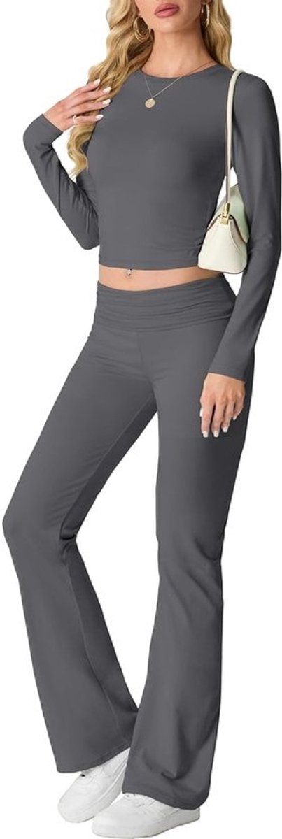 Dames Tweedelige Nette Lounge Set met Cropped Top en Wijd Uitlopende Broek