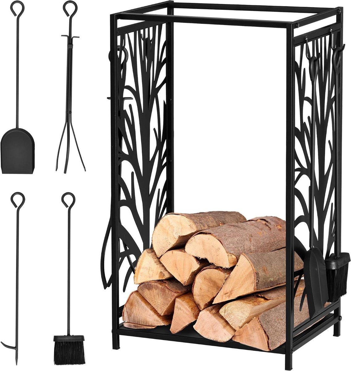 Houtrek - Haardhout Opslag - Open Haard - Met 4 Gereedschappen - 46x30x70cm - Zwart
