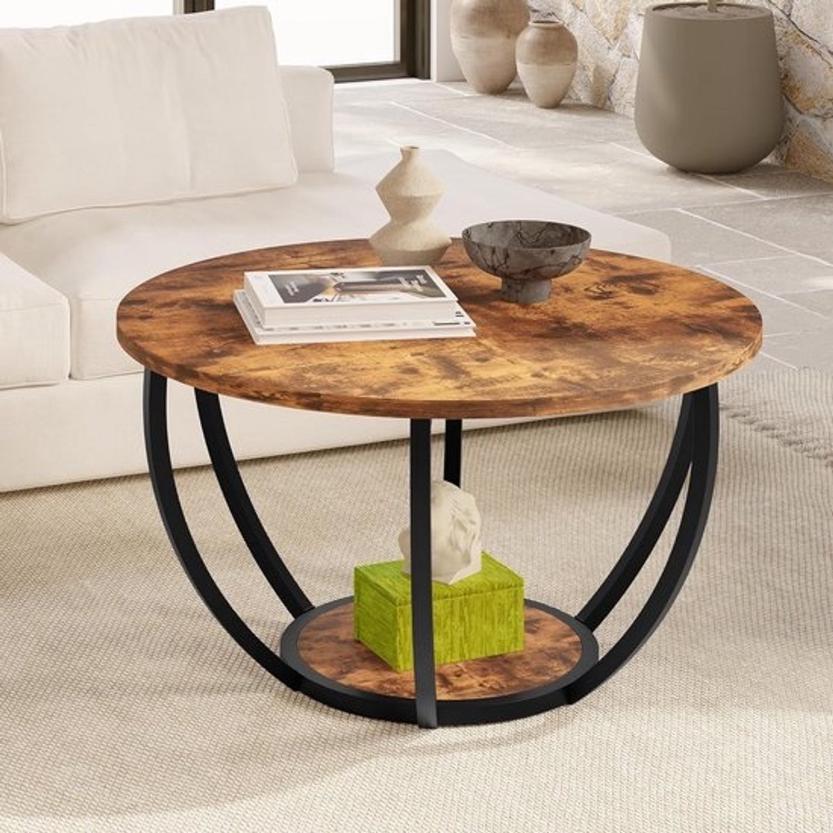 Ronde Salontafel met 2 Lagen Opslag - Houten Accent Tafel voor Woonkamer
