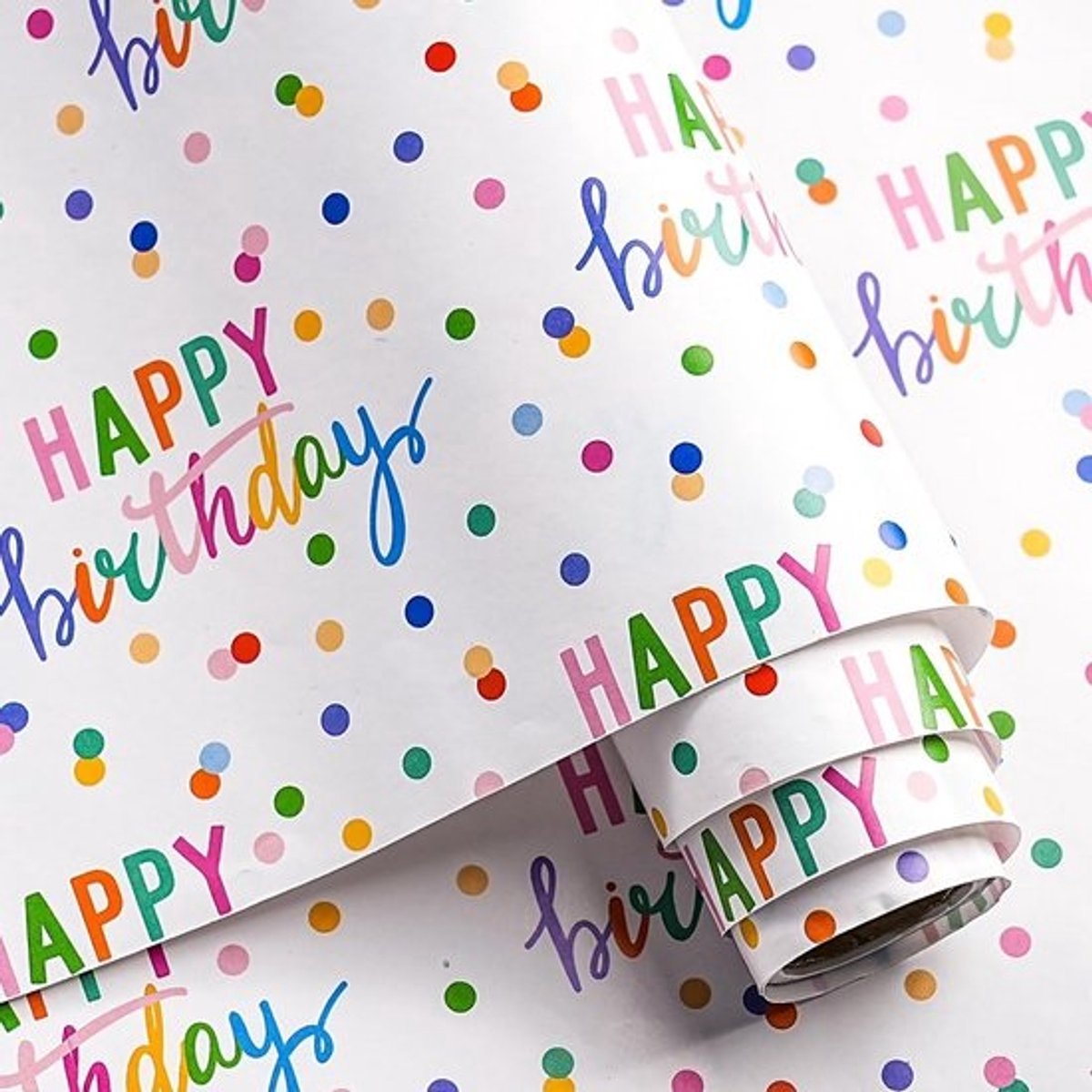 LeZakaa Verjaardag inpakpapier rol, Happy Birthday belettering & gekleurde stippen ontwerp in wit voor vakantie, feest, babyshower, 43,2 cm x 32,8 voet (46,45 m²)