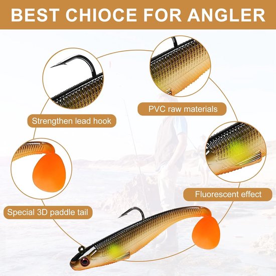 Set van 5 zachte vislures voor zeevisserij, ideaal voor karper, snoek en forel, met jigkop en T-staart, perfect voor zoet- en zoutwater vissen (9cm/12.3g) — afbeelding 5