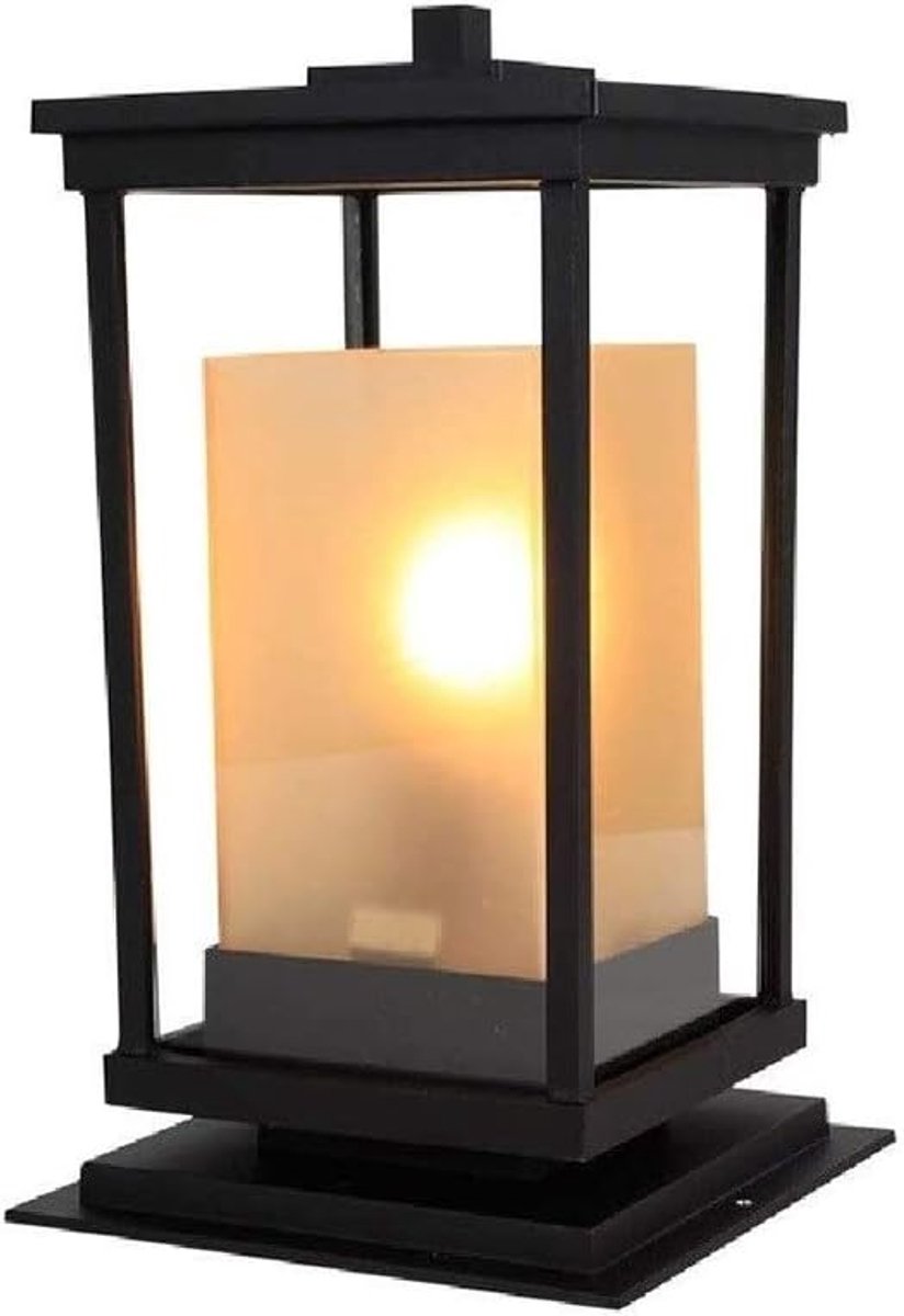 Rechthoekige Kolomlamp - Buitenlamp Straatlantaarn - Terras Verlichting - Matglas Aluminium - 10x10x21 cm - Zwart