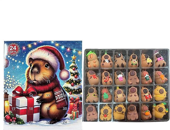 Adventskalender met capybara en doos met 24 kerstcapybara cadeaus.