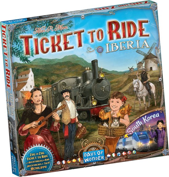 Spelén met een stoomtrein, 2 vrouwen, 1 man, 1 kind met katten, 1 man op een paard en een boerderij op de achtergrond. Tekst: Ticket to Ride Iberia South Korea.