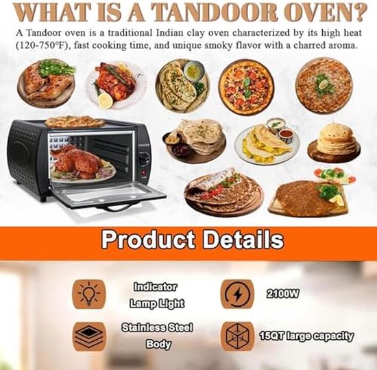 Elektrische Oven - Tandoori Pizza Maker - Thuis Koken - Dubbel Kookgemak - 15L Capaciteit - Zwart — afbeelding 3