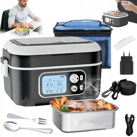 Elektrische Lunchbox - Draadloze Verwarmde Lunchbox - Geïsoleerde Lunchbox - 27000mAh & 80min Draadloos - 100W Snel Opwarmen - 1.5L & Lekvrij - RVS & Vaatwasserbestendig - Voor Kantoor, Auto & Buiten
