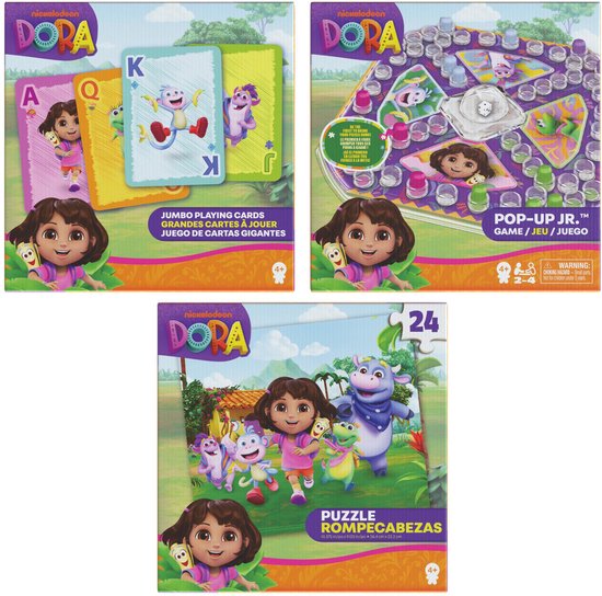 Dora spellen en puzzel pakket met jumbo speelkaarten, pop-up spel en 24-delige puzzel.