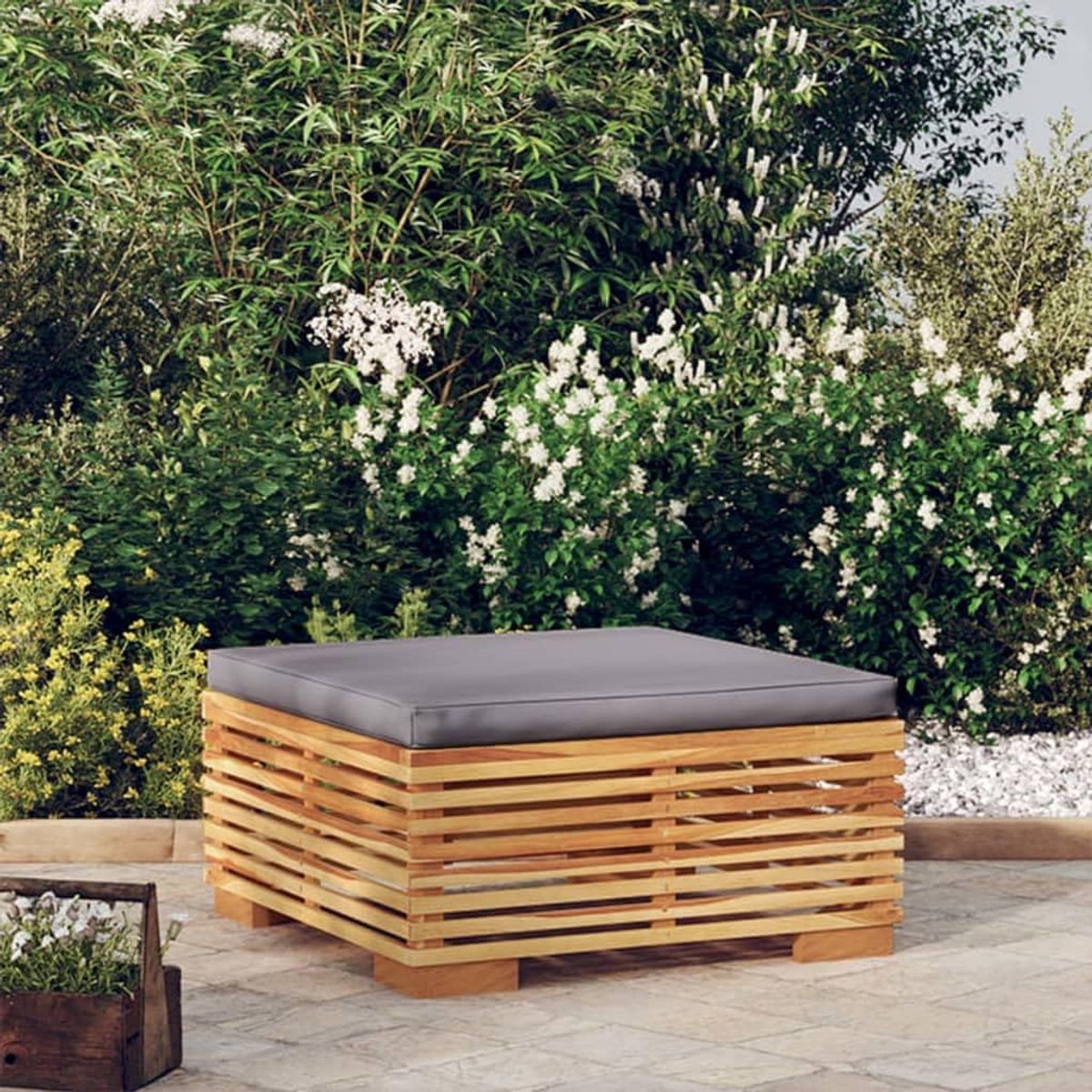 Teakhouten voetenbank - Modulaire kruk - Ontspannen buiten zitten - Dikke kussen - 69.5 x 69.5 cm - Donkergrijs