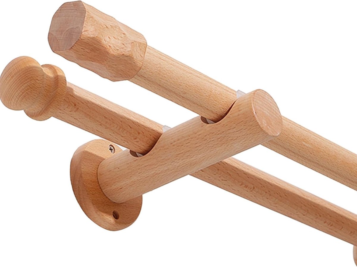 Houten Gordijnroede - Dubbele Roede - Vensterdecoratie - Natuurlijk Massief Hout - 120 cm - Houtkleur