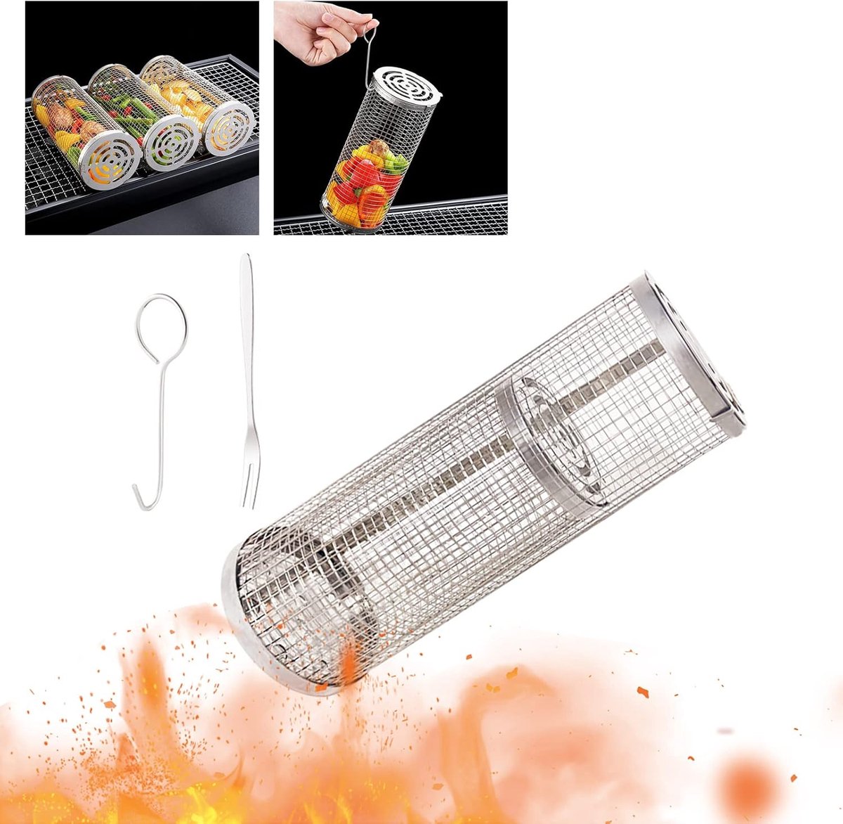 Grill Mand Rolmand BBQ Barbecueën Roestvrij Staal L+S Zilver